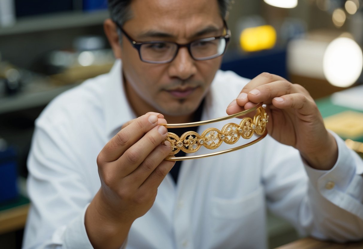 A jeweler carefully shapes an 18k gold bracelet, meticulously crafting intricate details with precision and skill