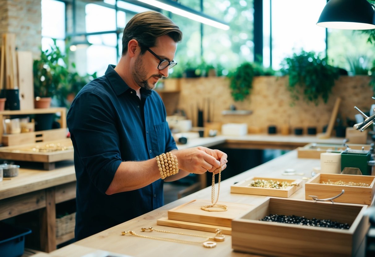 A jeweler carefully selects ethically sourced materials for a custom 18k gold bracelet, emphasizing sustainability. The workshop is filled with natural light and greenery