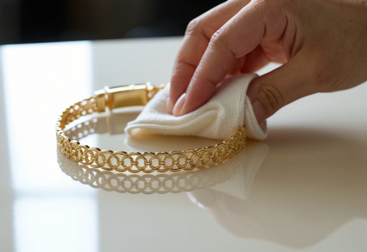 A delicate 18k gold bracelet being gently polished and cleaned with a soft cloth, reflecting the light and showcasing its intricate design