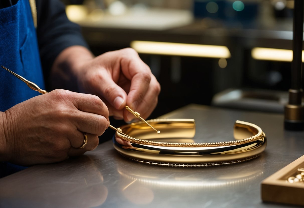 A jeweler carefully crafts an 18k gold bracelet, shaping and polishing it to perfection. The gleaming metal reflects the light, showcasing the intricate customization process