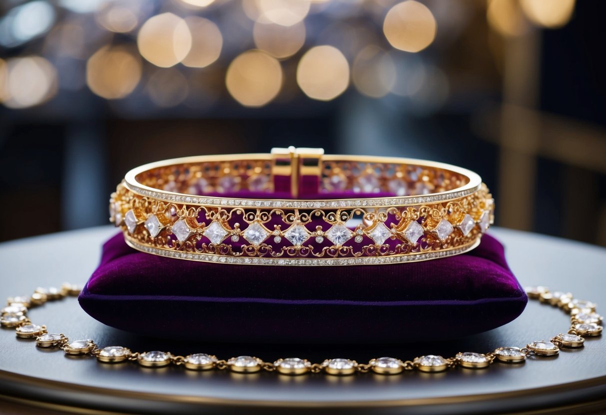 A gleaming 18k gold bracelet rests on a plush velvet cushion, surrounded by sparkling gemstones and delicate filigree details