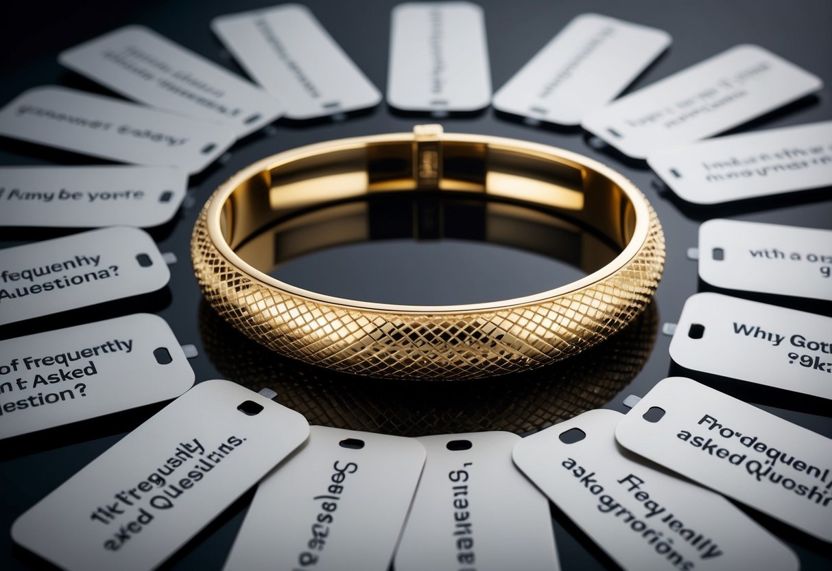 A luxurious 18k gold bracelet surrounded by a collection of frequently asked questions, with a sleek and modern design