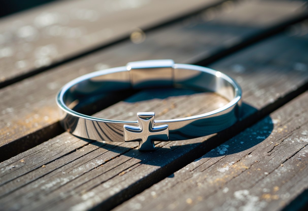 A silver cross bracelet lies on a weathered wooden surface, catching the light and casting a delicate shadow