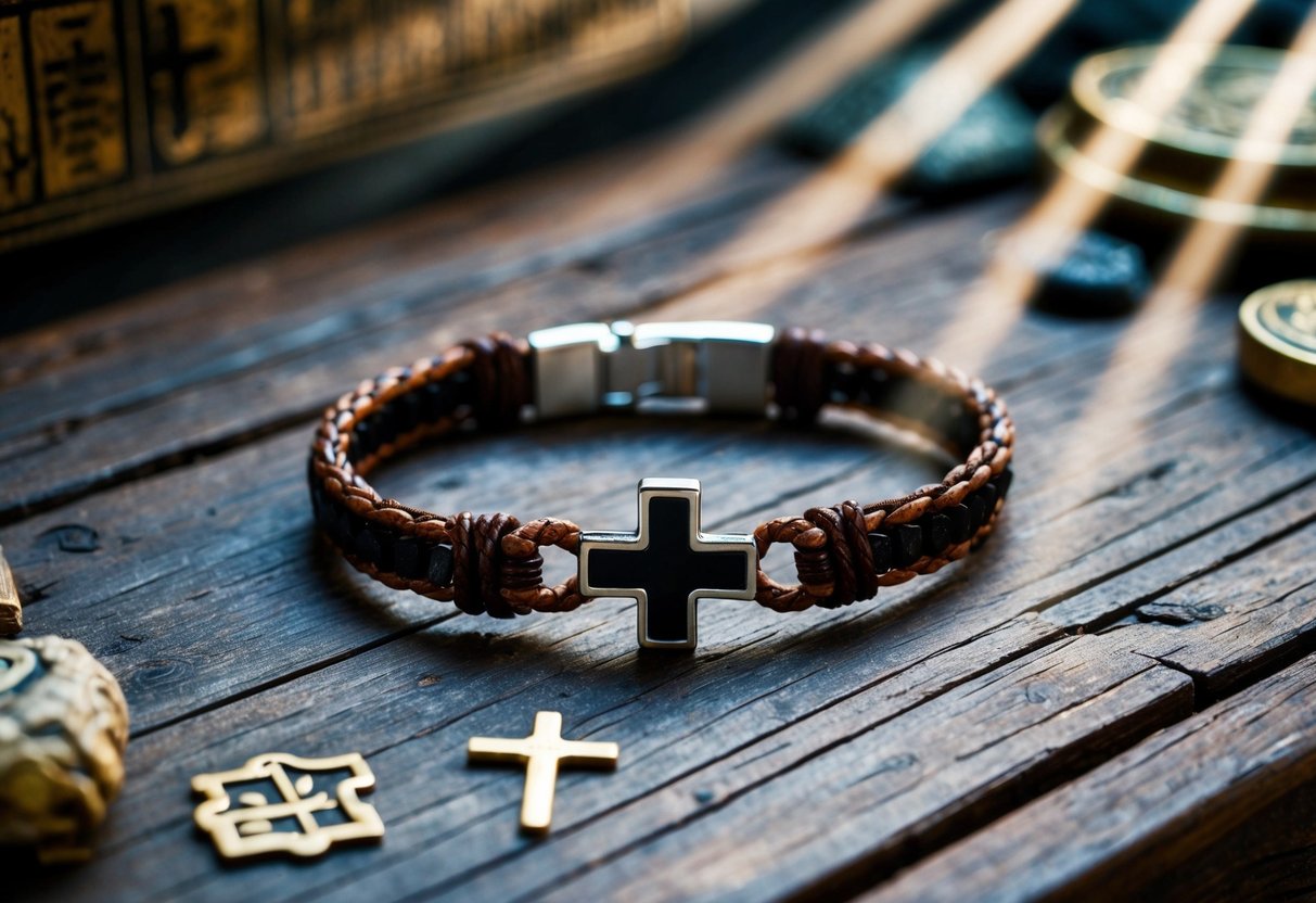 A cross bracelet lies on a rustic wooden surface, surrounded by ancient symbols and artifacts. Rays of light shine down, highlighting the intricate details of the bracelet