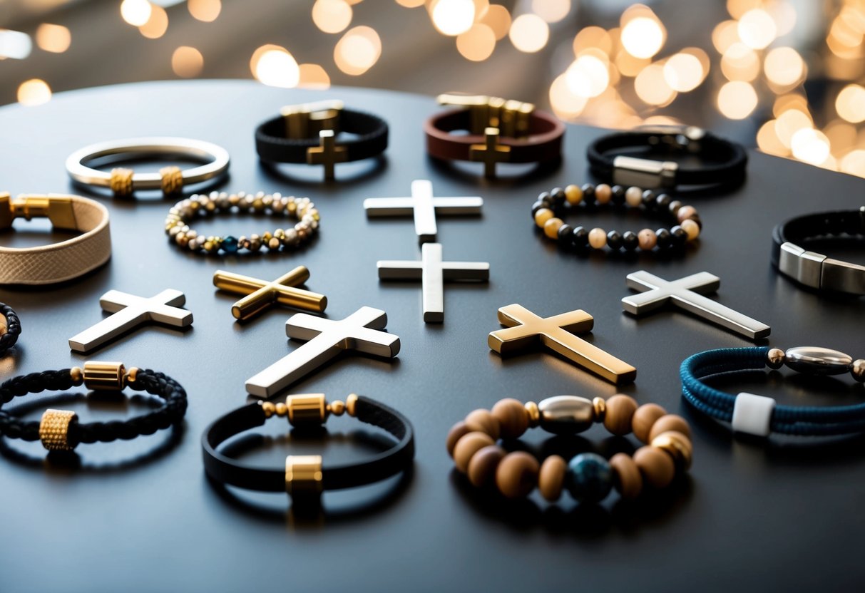 A variety of cross bracelets arranged on a flat surface, with different styles and materials such as metal, leather, beads, and fabric