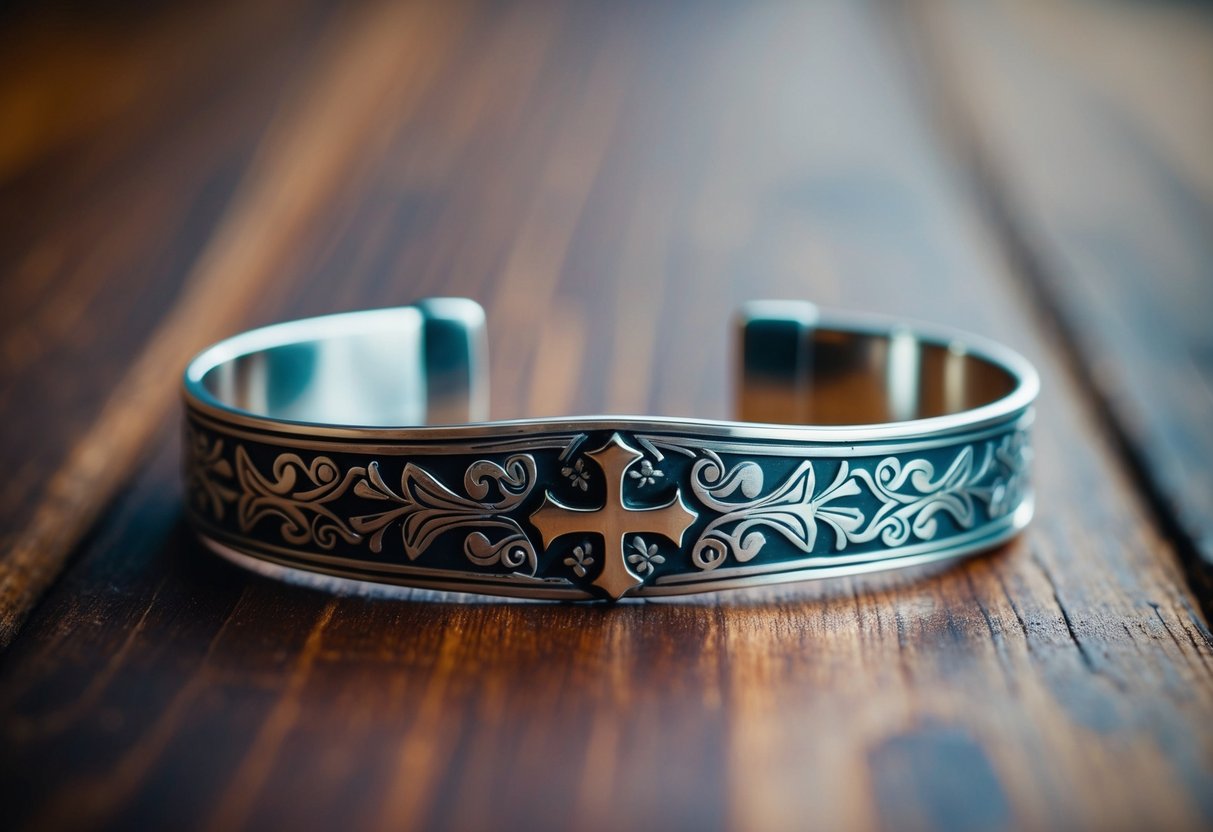 A silver bracelet with a delicate cross design, featuring intricate craftsmanship and detailed engraving