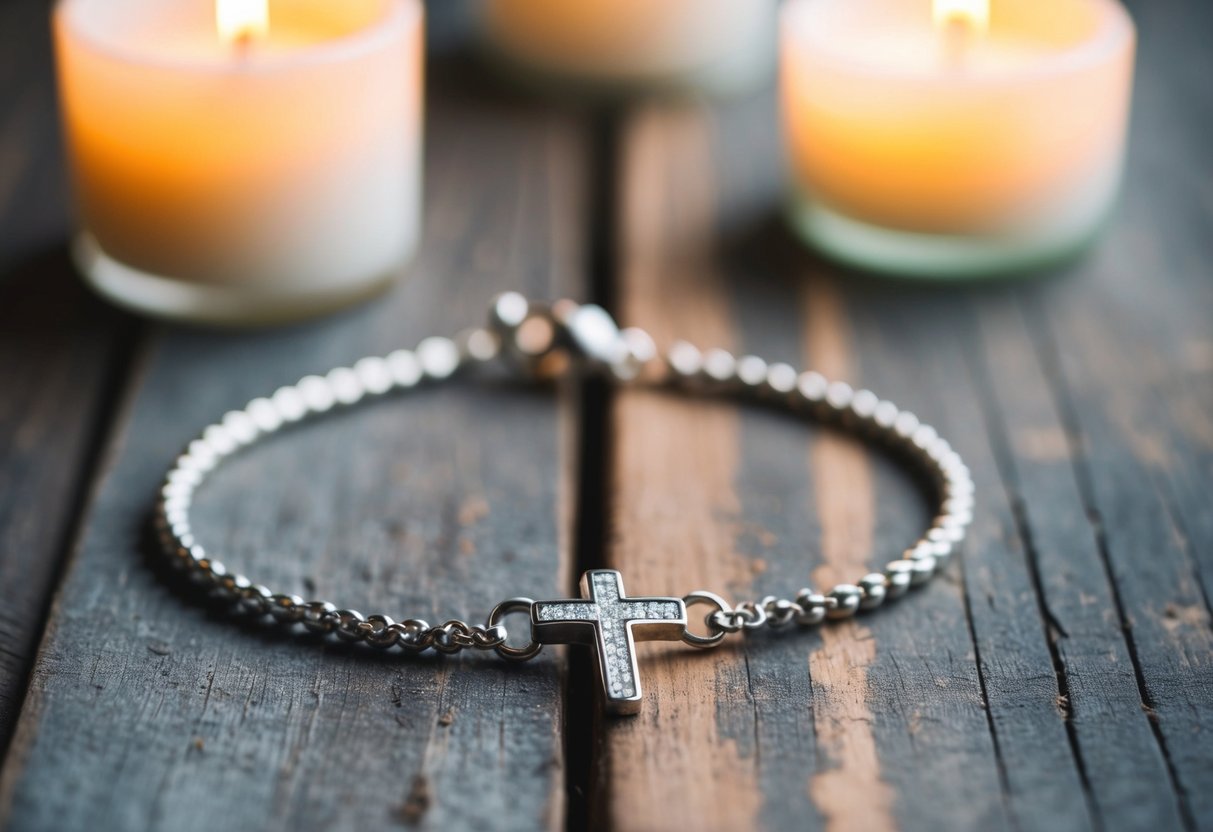 A delicate silver bracelet with a cross charm rests on a weathered wooden surface, surrounded by soft candlelight