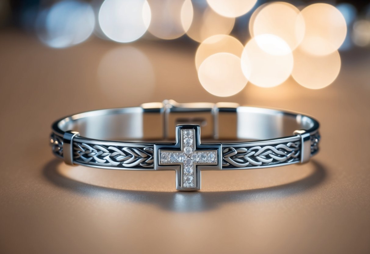 A silver cross bracelet shines under soft lighting, showcasing its intricate details and high-quality craftsmanship