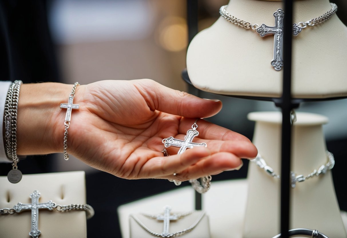 A hand reaches out to select a delicate cross bracelet from a display of jewelry. The bracelet is made of silver with intricate detailing