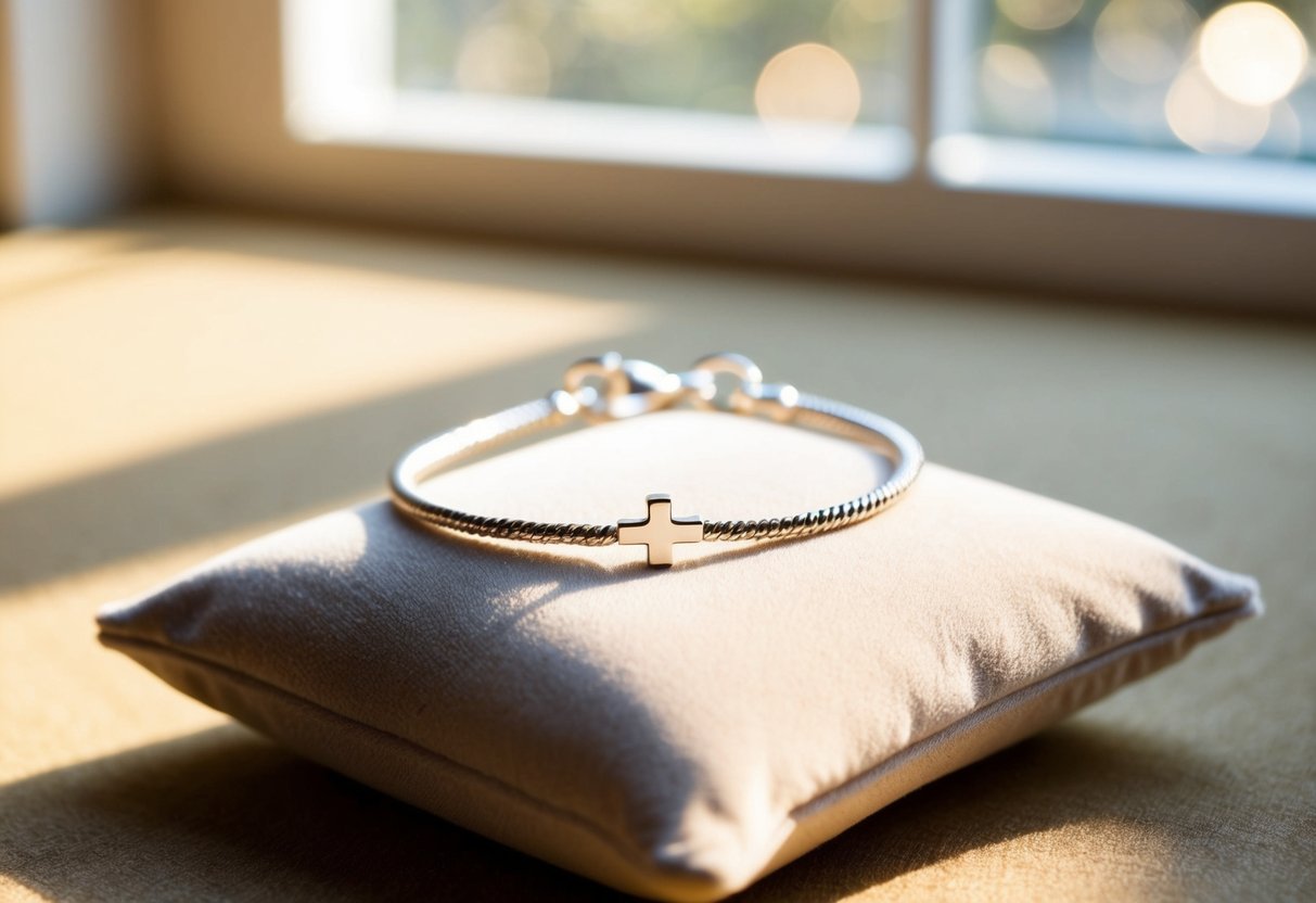 A delicate silver bracelet with a simple cross charm, resting on a soft velvet cushion. Sunshine filtering through a nearby window casts a warm glow on the piece