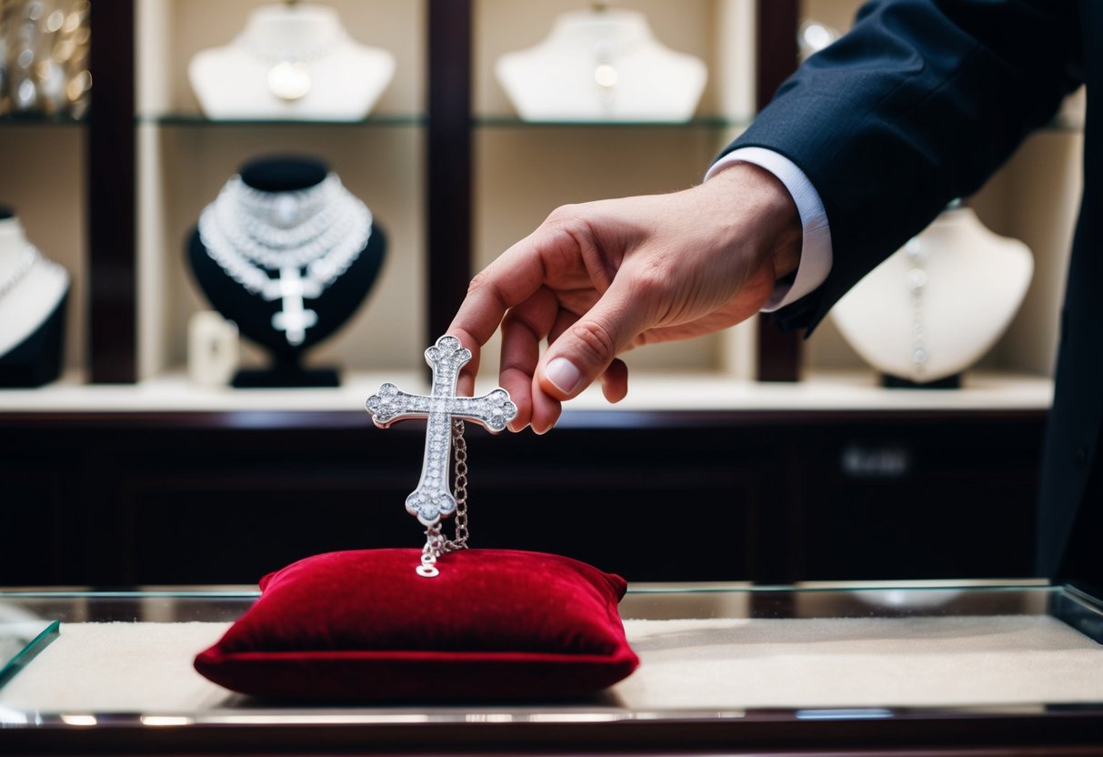 A hand reaches for a silver cross bracelet displayed on a velvet cushion in a jewelry store