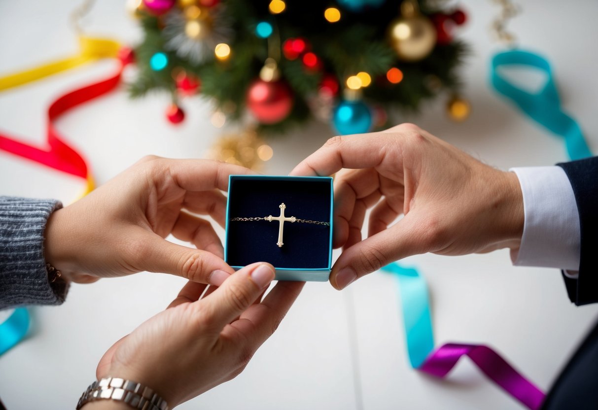 Two hands exchanging a small box containing a delicate cross bracelet. The background could include a festive atmosphere with colorful ribbons and decorations