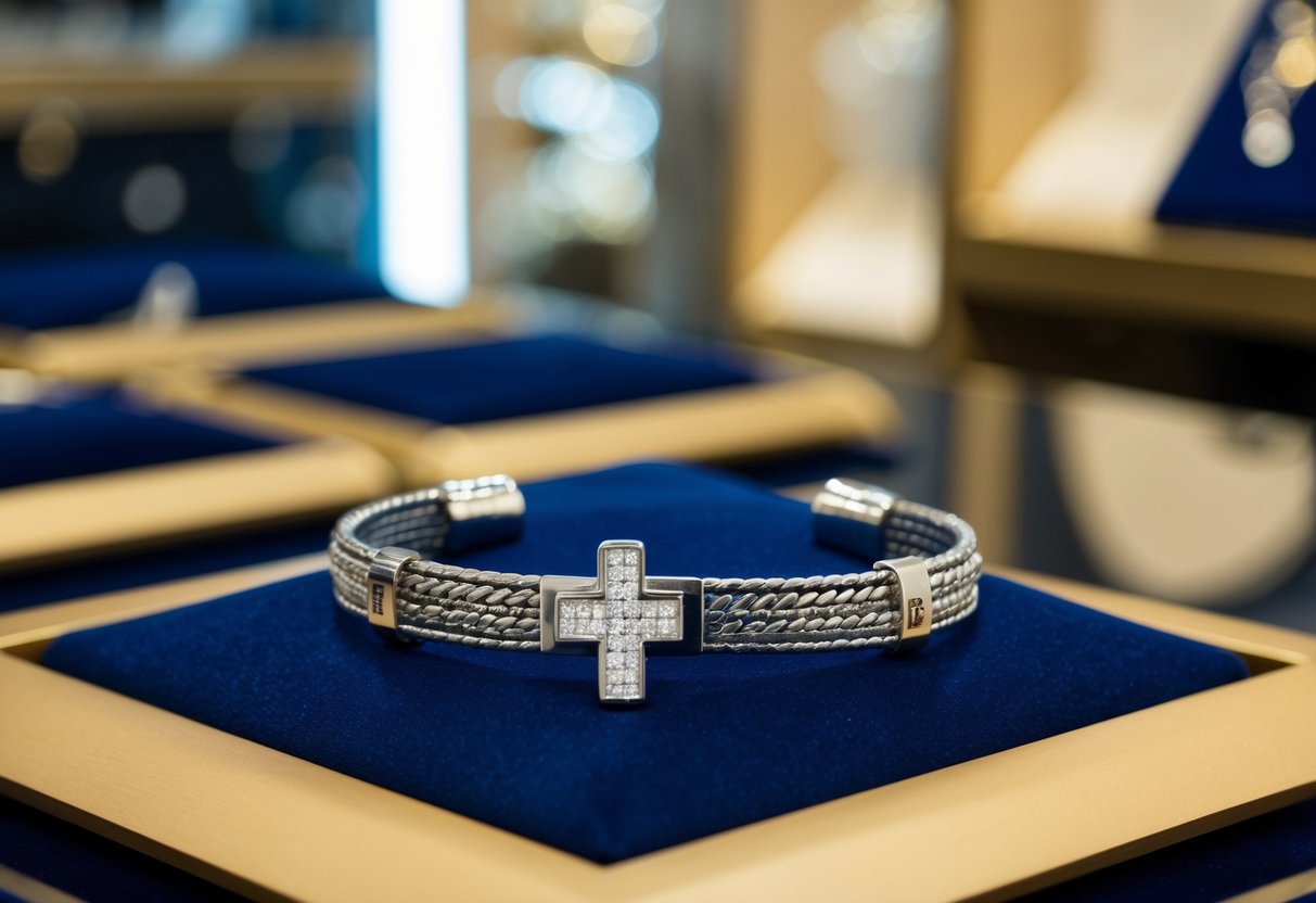 A silver bracelet with a cross charm sits on a velvet display pad in a jewelry store