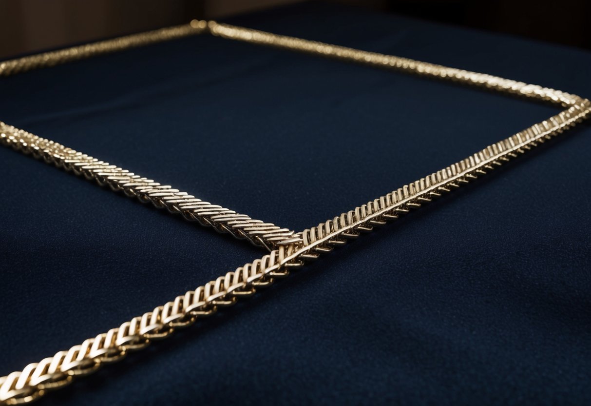 A herringbone chain lies flat on a dark velvet background, its intricate pattern of V-shaped links catching the light and casting shadows