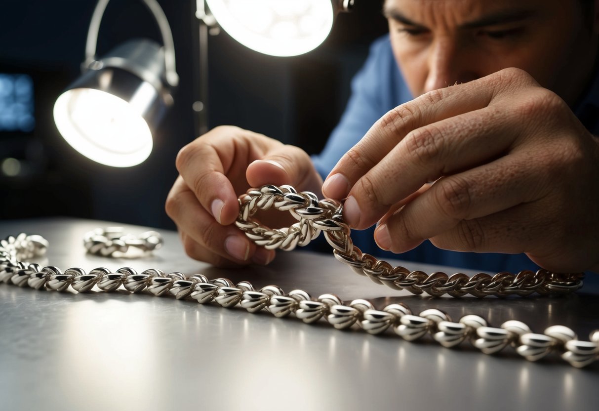 A jeweler carefully weaves together metal links to create a polished herringbone chain. Bright studio lights highlight the intricate craftsmanship