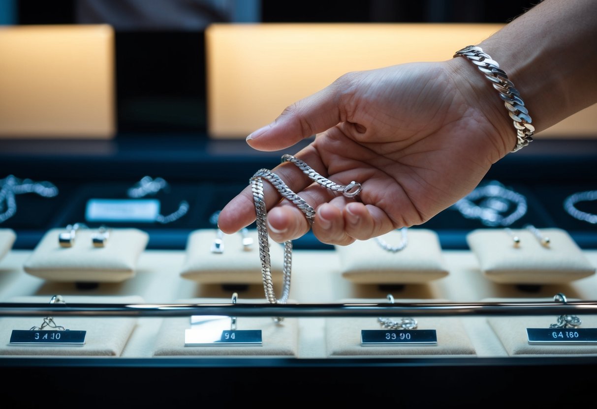 A hand holding a herringbone chain over a jewelry display, with various options of chains and prices visible