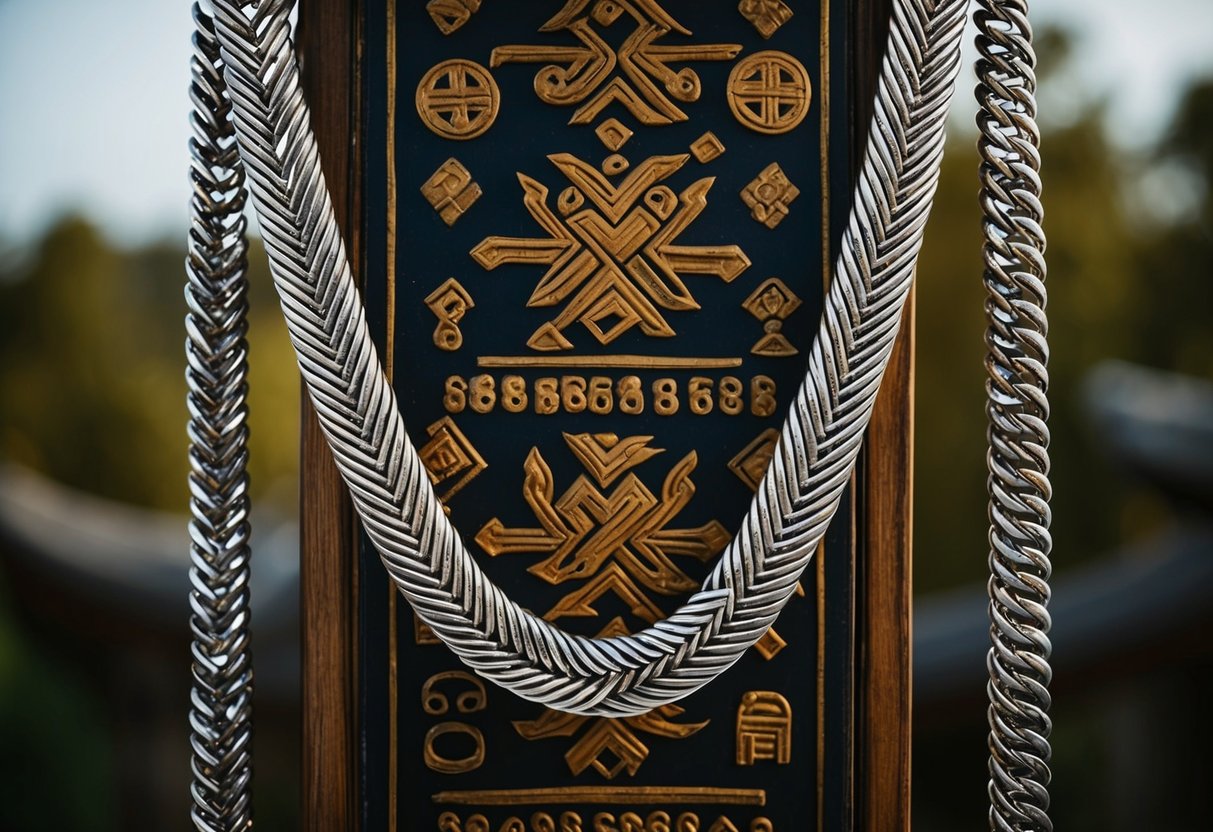 A herringbone chain draped over a traditional cultural artifact, with symbols and patterns representing the significance and trends of the culture