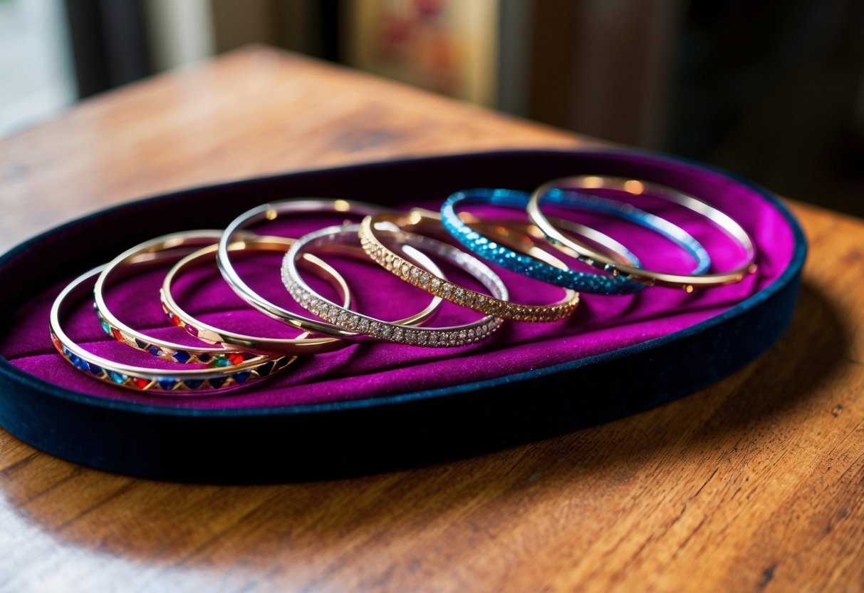 A collection of custom bangle bracelets displayed on a velvet-lined tray, catching the light and showcasing their unique designs and colors