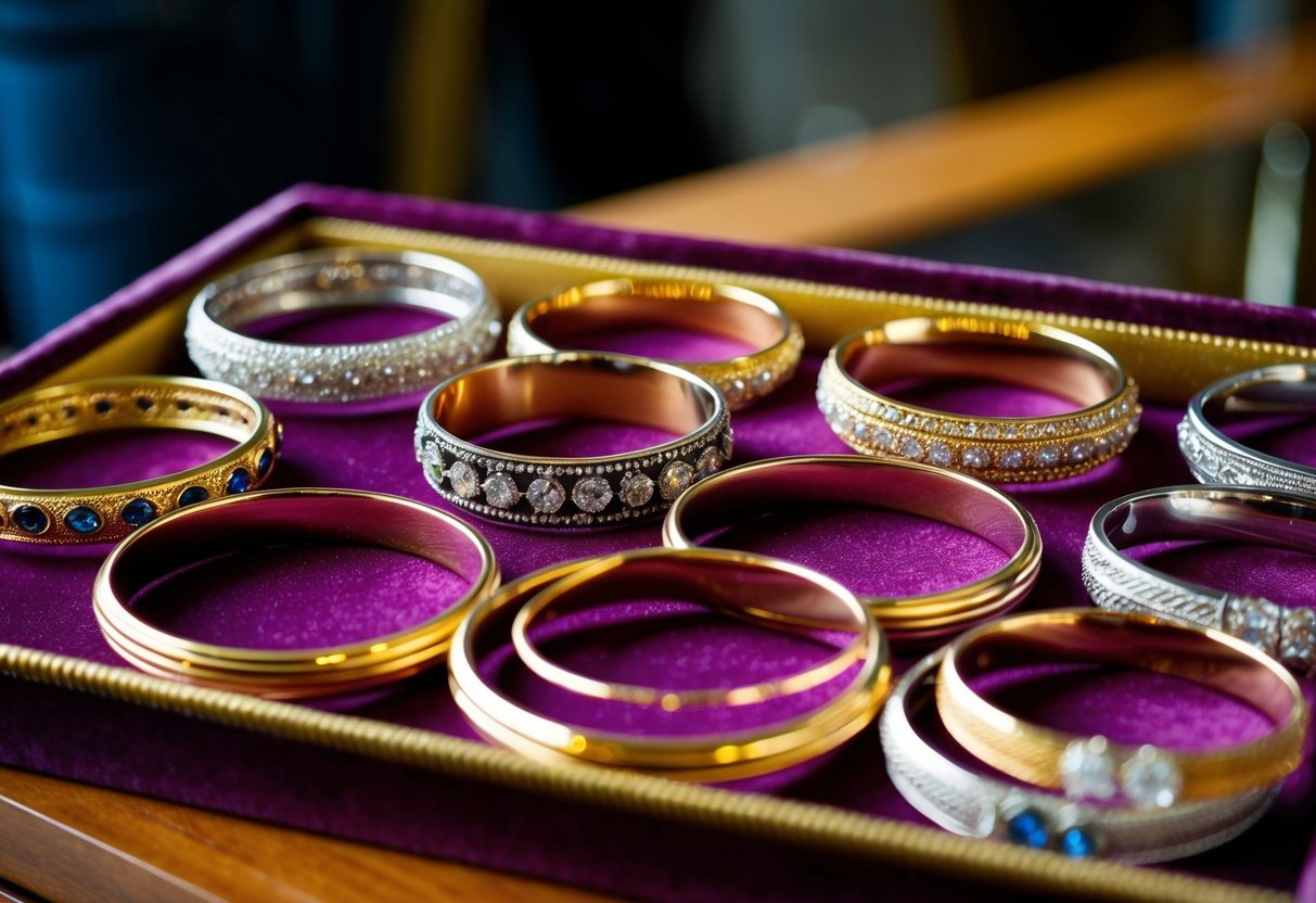 A display of custom bangle bracelets, arranged on a velvet-lined tray, catching the light and showcasing their unique designs and intricate details