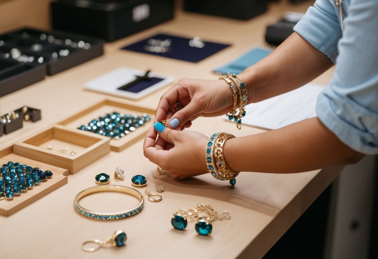 A jewelry designer arranging gemstones and metal components to create a custom bangle bracelet