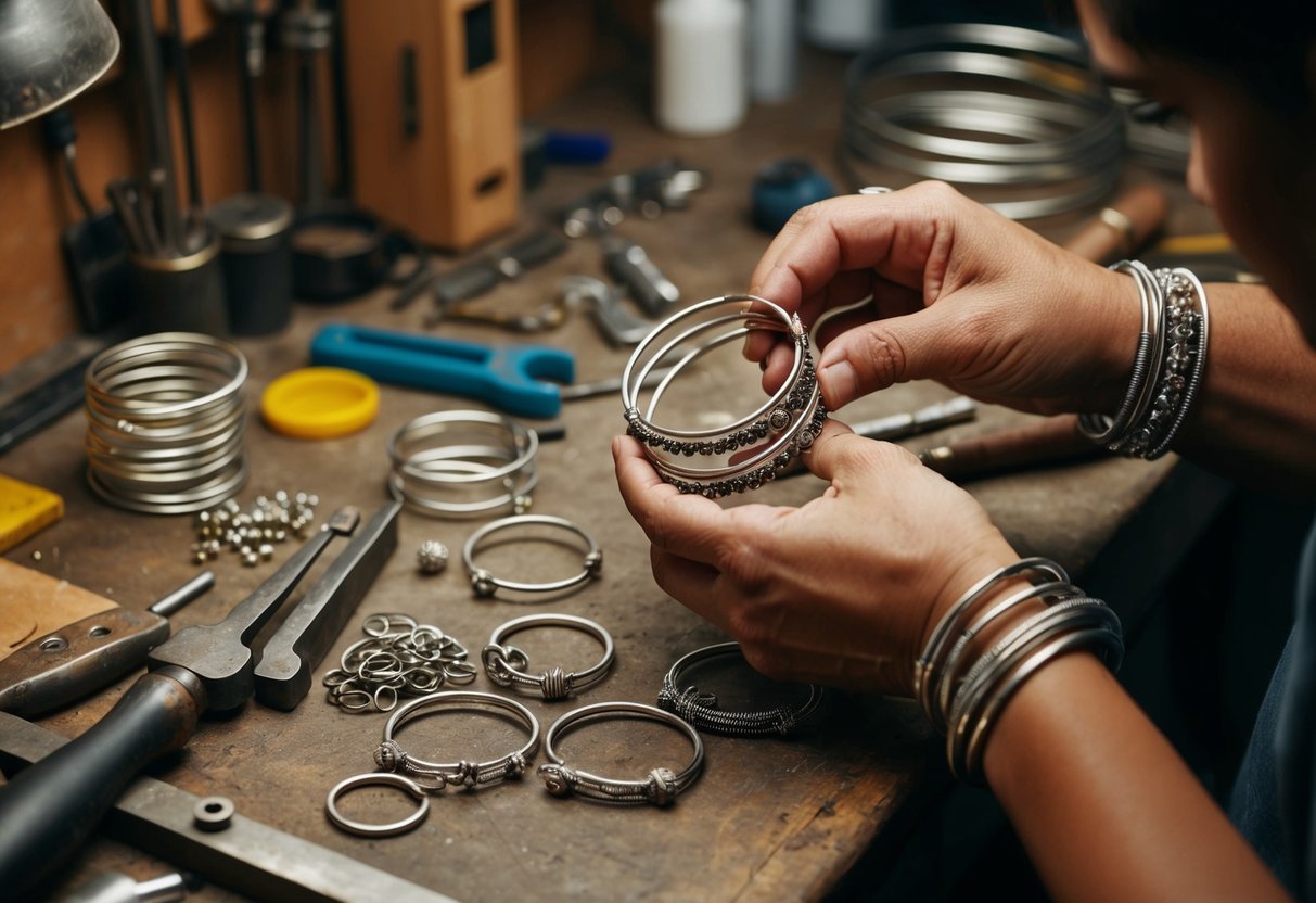 A workbench cluttered with tools, wire, and beads. A pair of skilled hands shaping metal into intricate bangle bracelets. Quality craftsmanship evident in the details