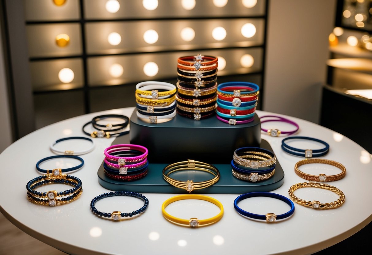 A display of custom bangle bracelets arranged on a sleek, modern table with soft lighting, showcasing the variety of styles and occasions for which they are suitable