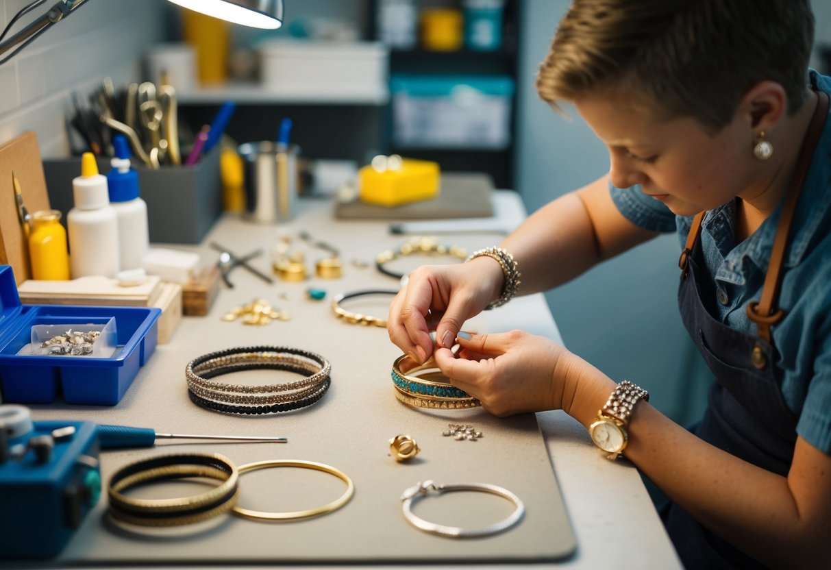 A jeweler carefully crafts bangle bracelets, selecting materials and adding personalized details. The workspace is tidy and organized, with tools and supplies neatly arranged