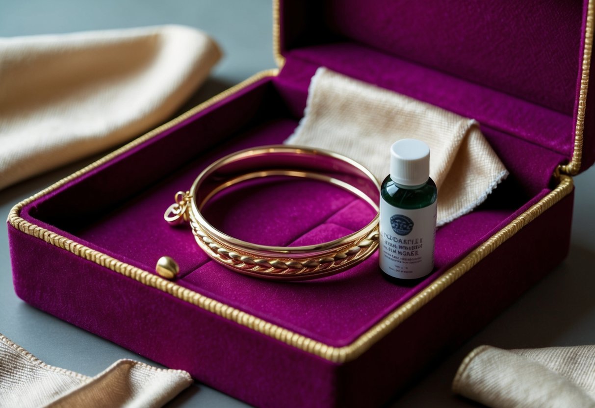 A handcrafted bangle bracelet rests on a velvet-lined jewelry box, surrounded by delicate polishing cloths and a small bottle of metal cleaner