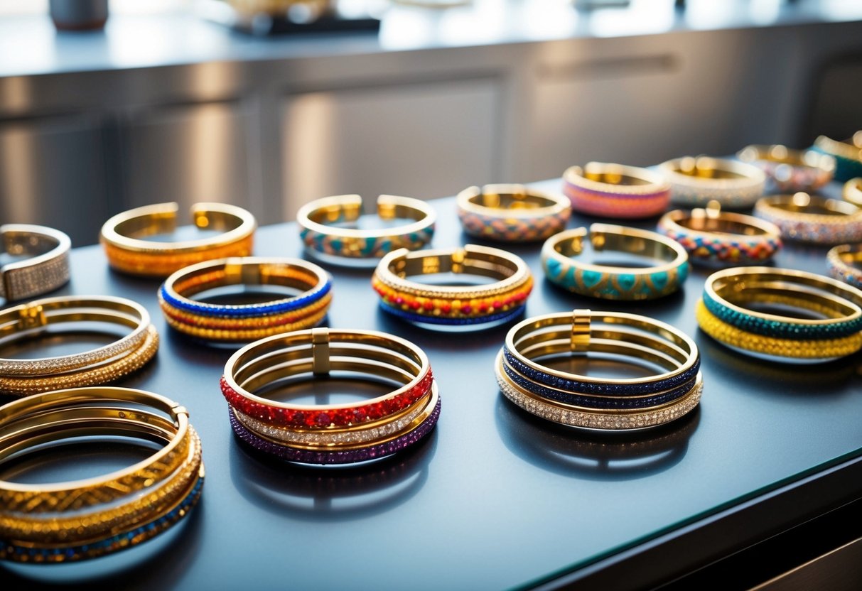 A display of custom bangle bracelets arranged on a sleek, modern counter. Each bracelet is unique, with intricate designs and vibrant colors, showcasing the high value and craftsmanship