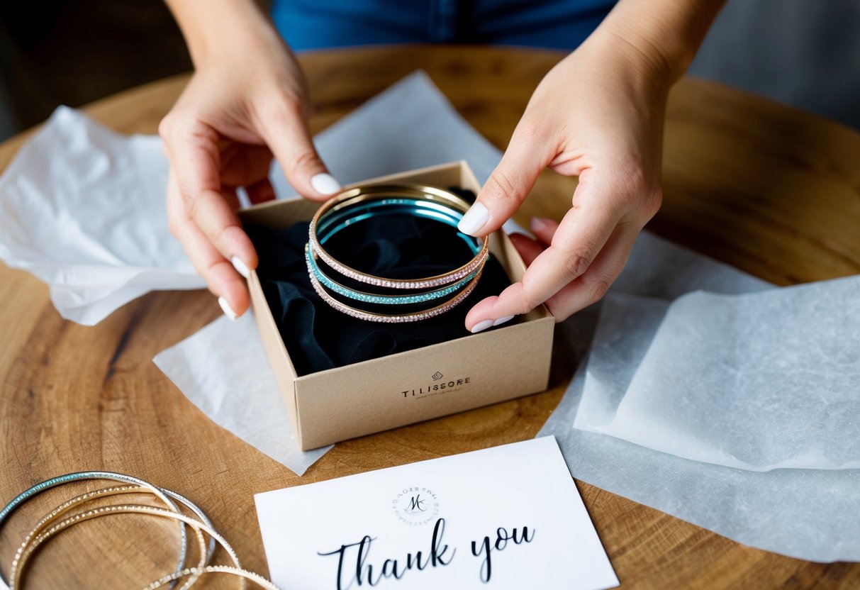 A hand placing custom bangle bracelets into a branded box, surrounded by tissue paper and a thank you card