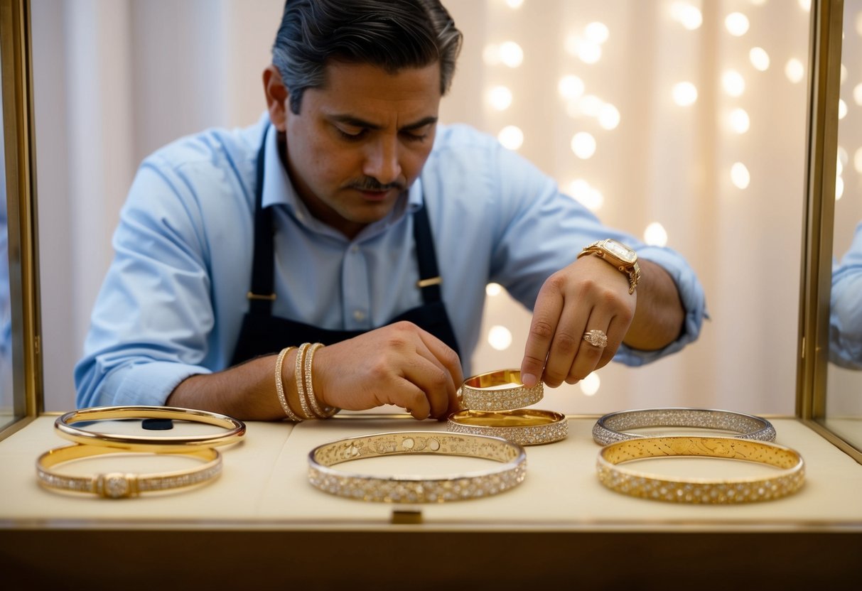 A jeweler carefully inspects and polishes a collection of custom bangle bracelets, arranging them in a display case with a soft, elegant backdrop