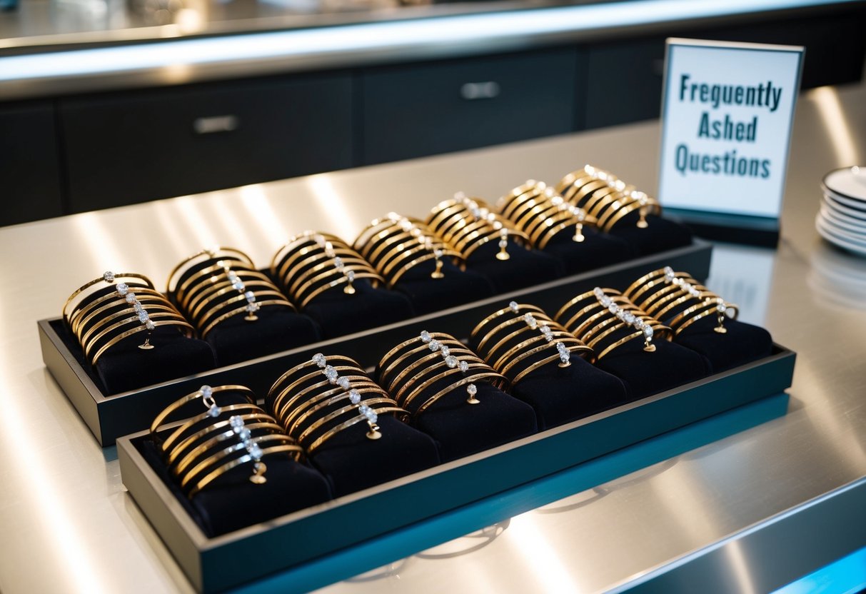 A display of custom bangle bracelets arranged neatly on a sleek, modern counter, with a sign indicating "Frequently Asked Questions" nearby