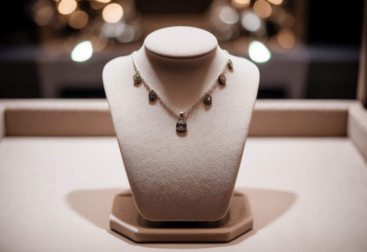 A delicate necklace with a small, elegant pendant, and a matching bracelet adorned with intricate charms, displayed on a velvet-lined jewelry stand