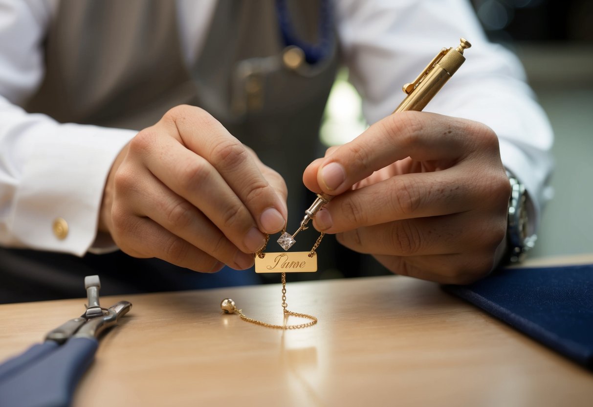 A jeweler carefully engraves a customer's name onto a delicate necklace, adding a personal touch to the piece