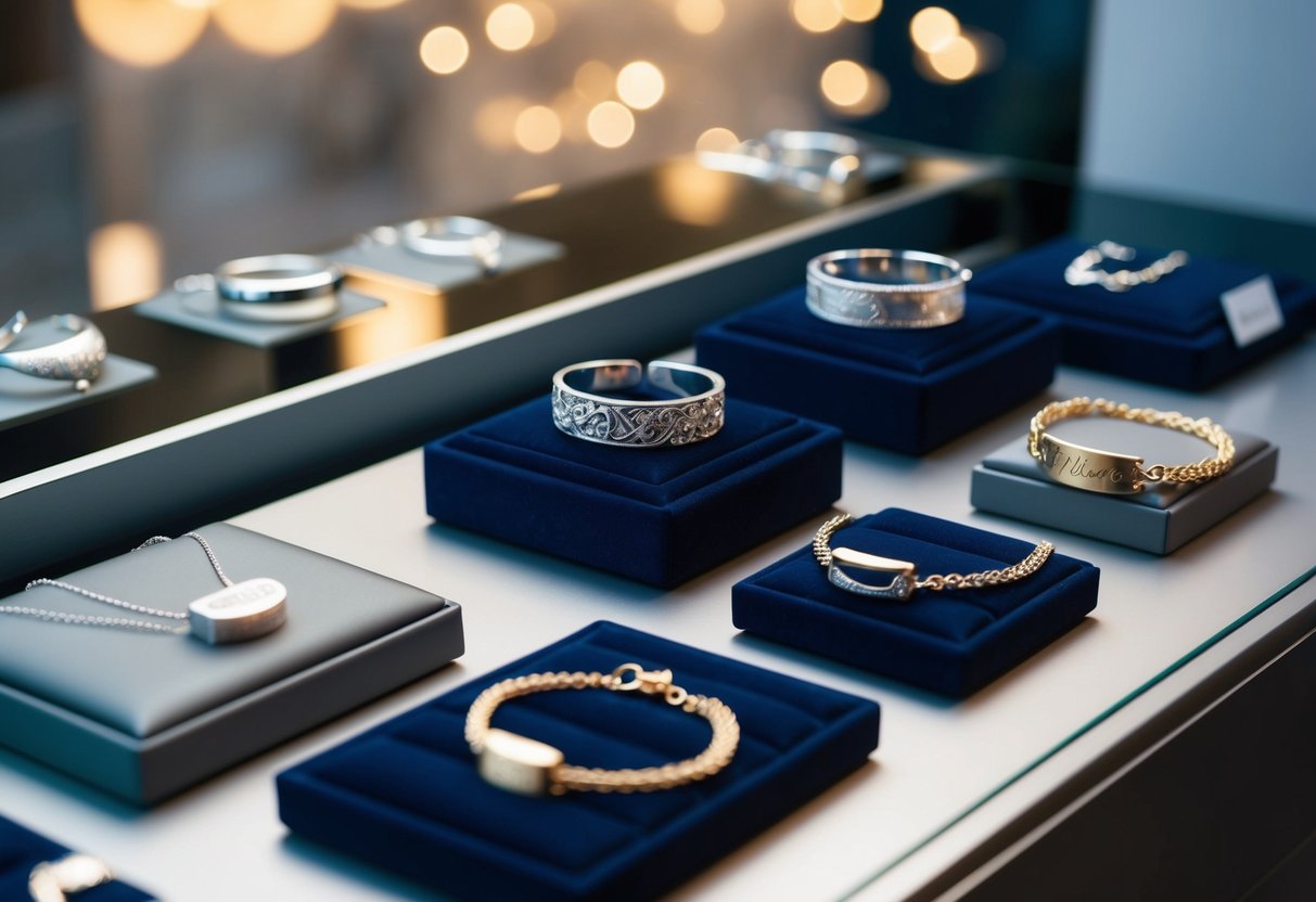 A collection of personalized jewelry laid out on a sleek, modern display. Necklaces, bracelets, and rings with intricate designs and personalized engravings