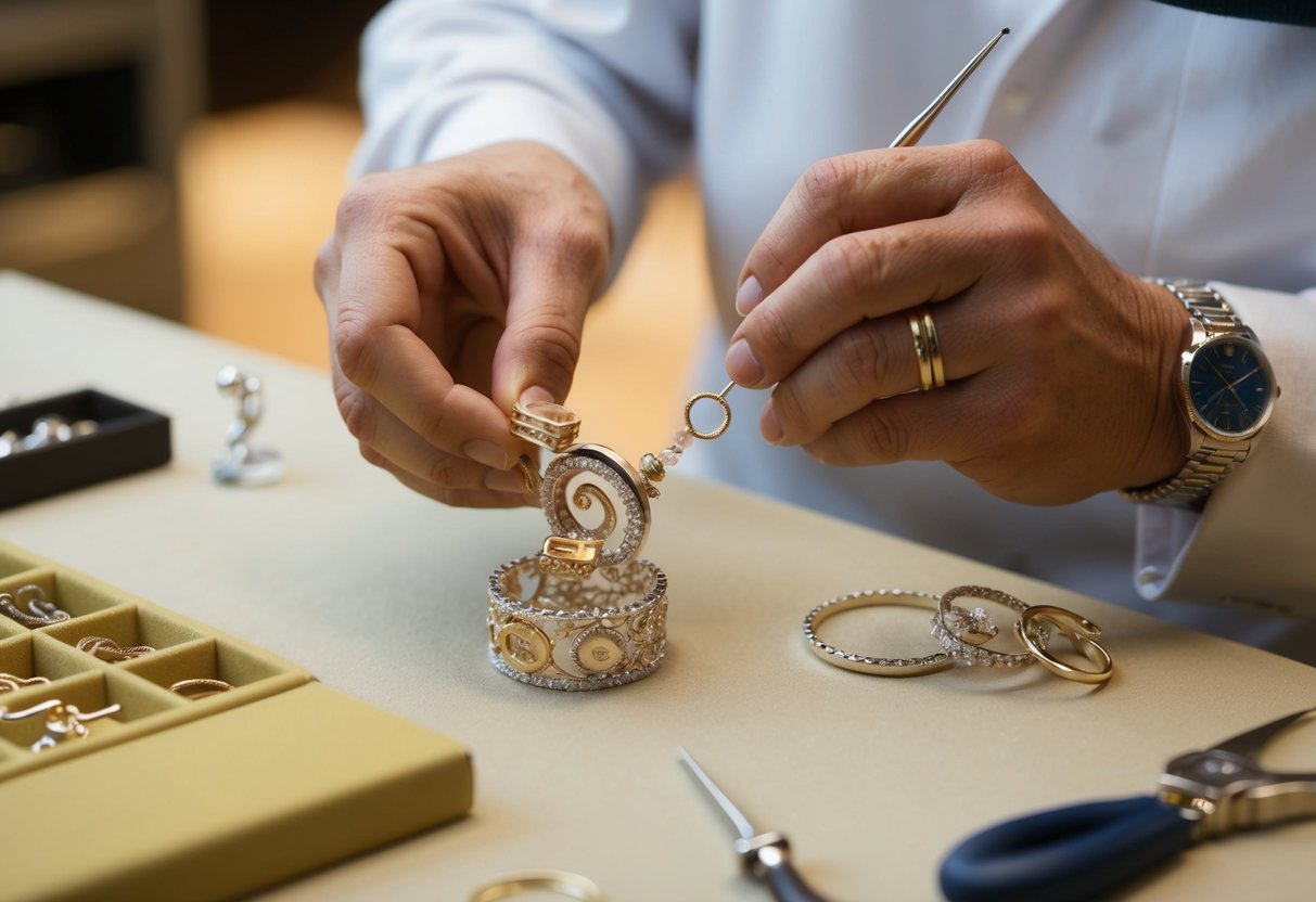 A jeweler carefully crafts a personalized piece of jewelry, meticulously shaping and assembling precious materials with skilled hands