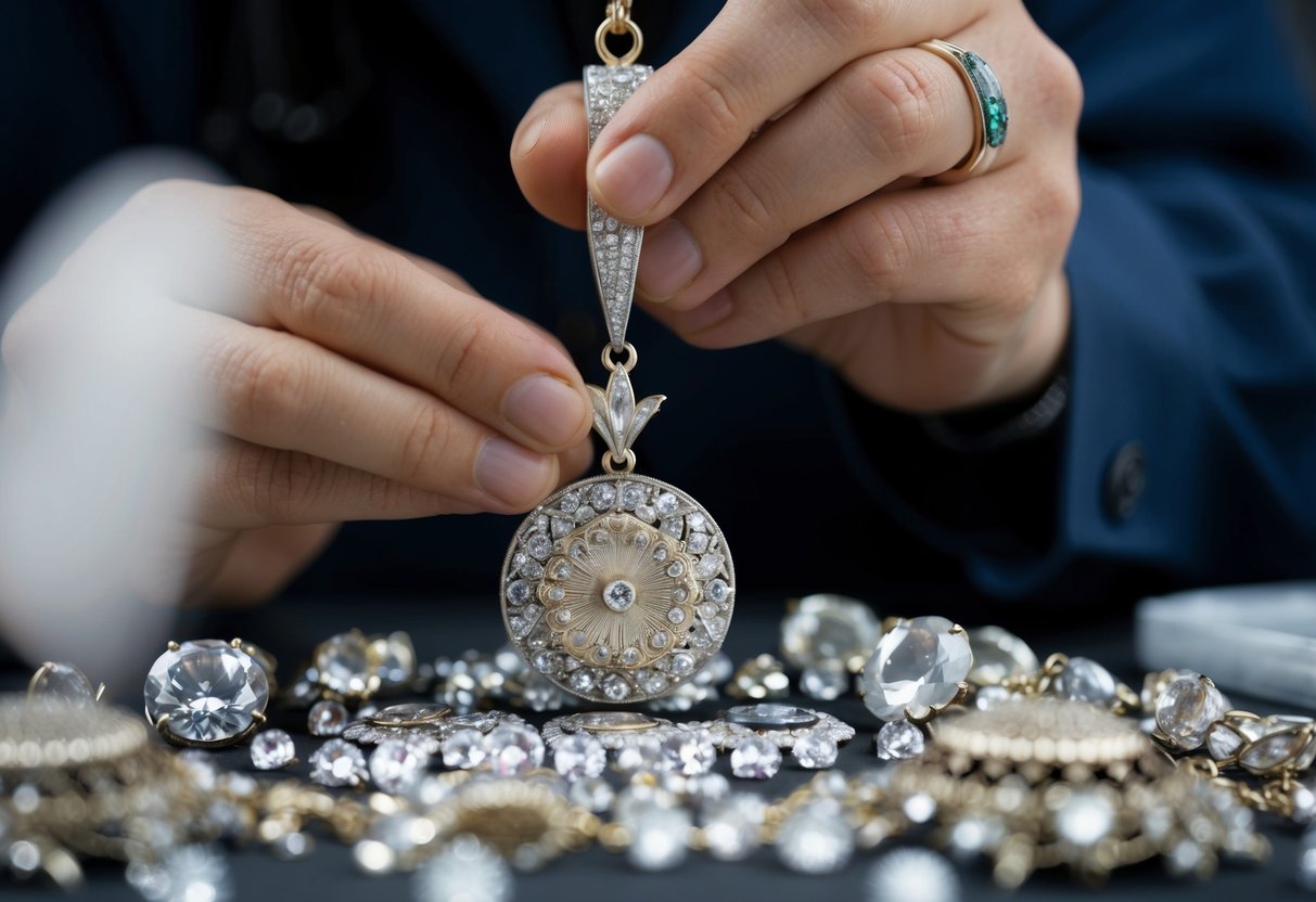 A jeweler carefully engraves a delicate pendant, surrounded by an array of sparkling gemstones and intricate metalwork