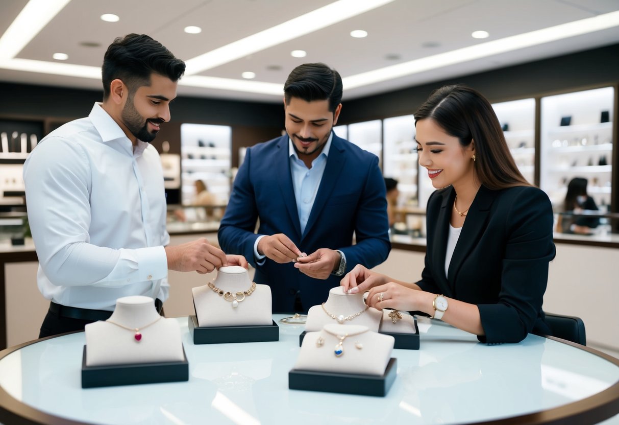 A customer browsing through various personalized jewelry options with a sales representative assisting them in a well-lit and modern jewelry store