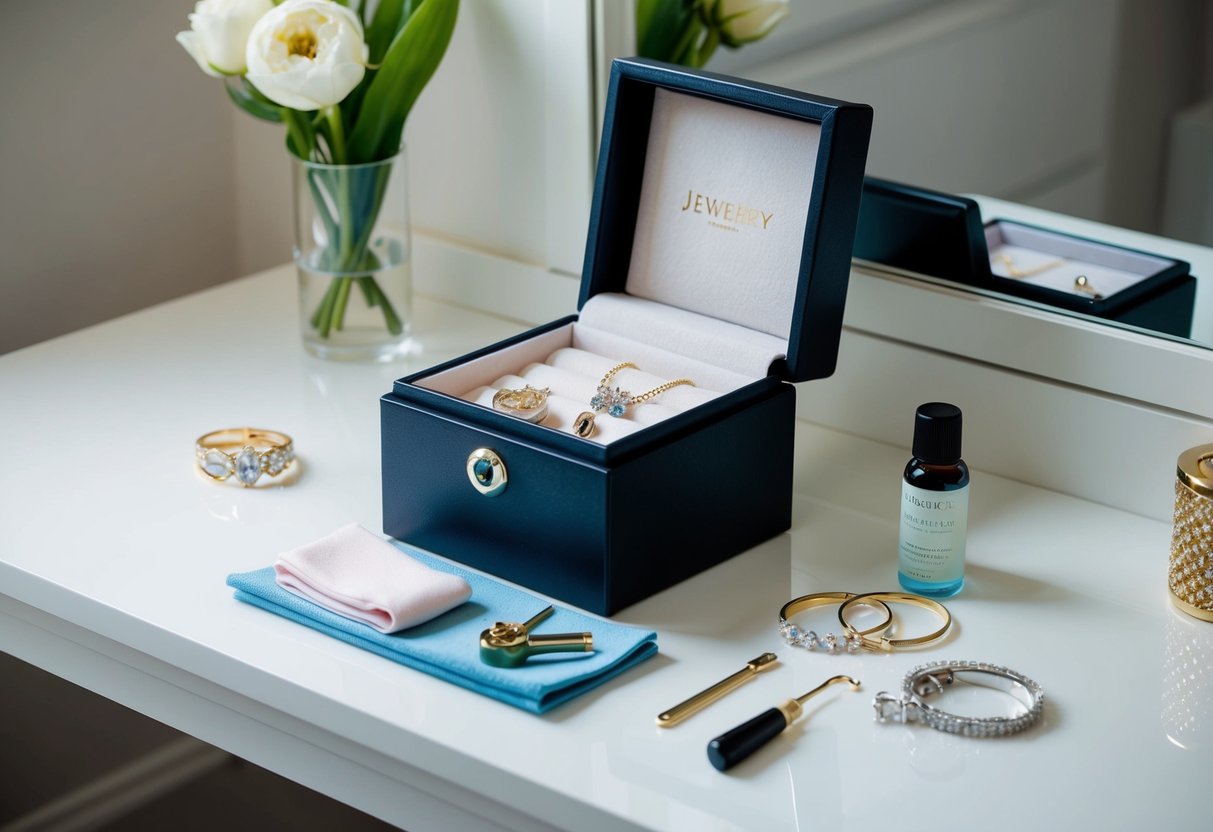 A jewelry box open on a clean, organized vanity. A soft cloth, polishing solution, and small tools are neatly arranged next to a collection of personalized jewelry