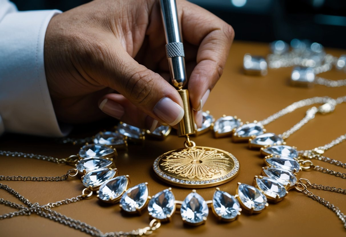 An artisan carefully engraves a unique design onto a gold pendant, surrounded by an array of sparkling gemstones and delicate chains