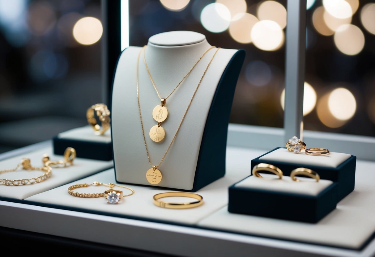 A display of personalized jewelry, featuring custom engraved necklaces, bracelets, and rings, arranged on a sleek, modern jewelry stand