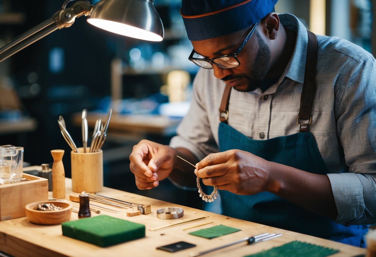 A jeweler carefully crafting a unique piece, using ethically sourced materials and sustainable practices