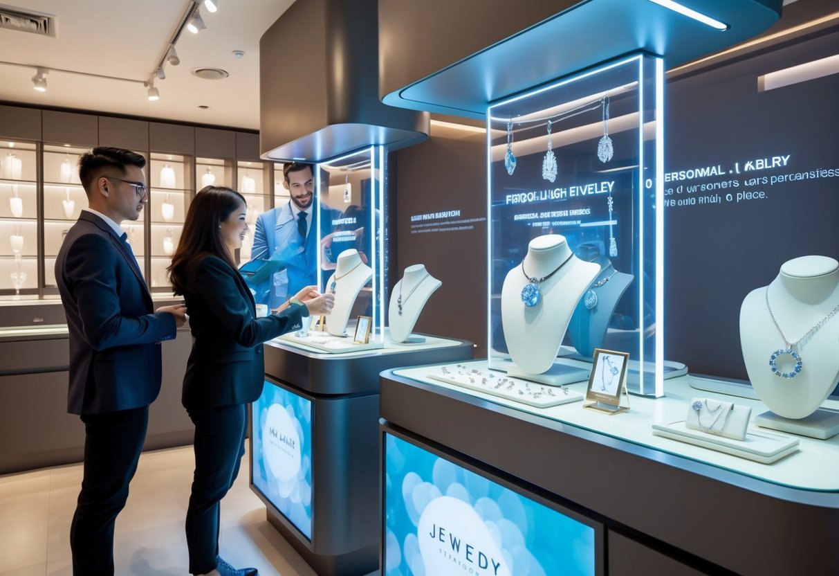 A futuristic jewelry store with holographic displays showcasing personalized jewelry. Customers interact with virtual design tools to create their own unique pieces