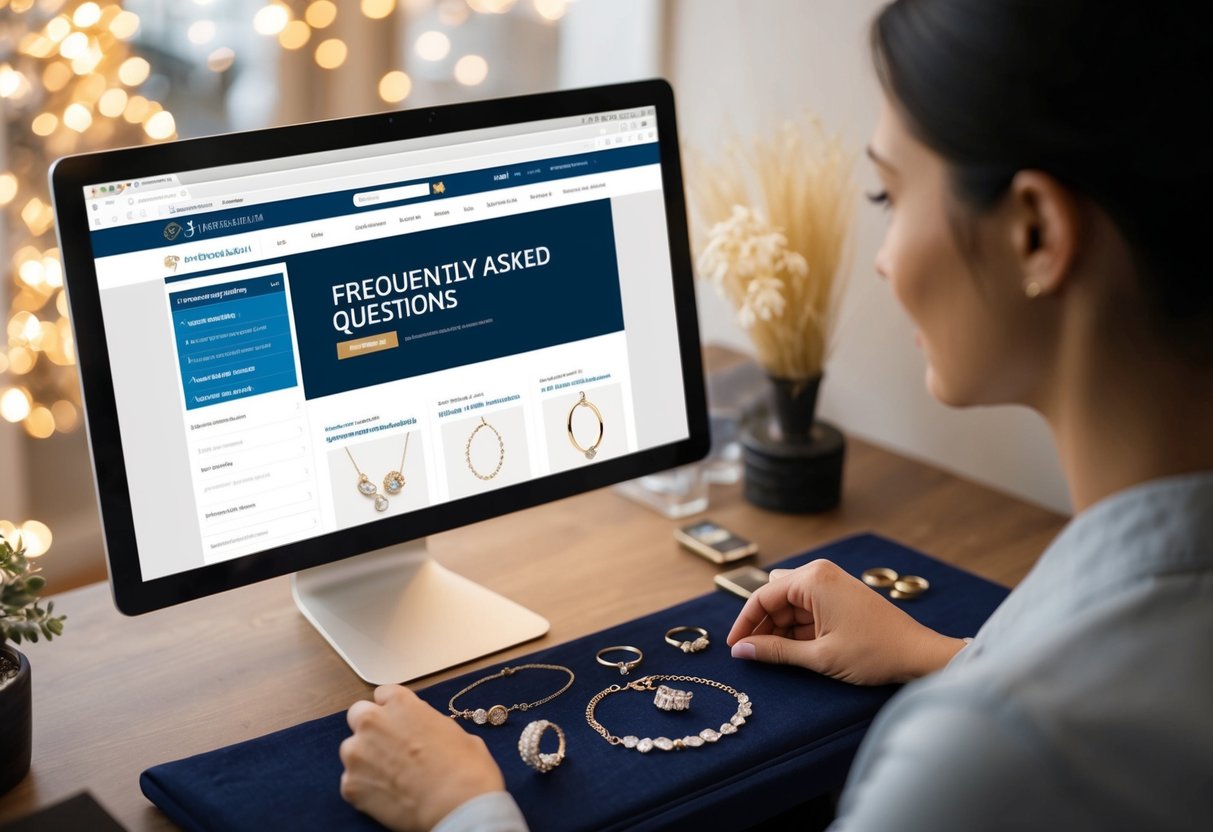 A customer browsing through a selection of personalized jewelry with a "Frequently Asked Questions" section displayed prominently on the website