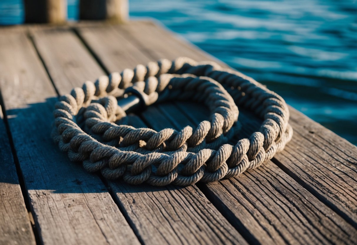 A thick rope chain coils on a weathered wooden dock, its links glinting in the sunlight