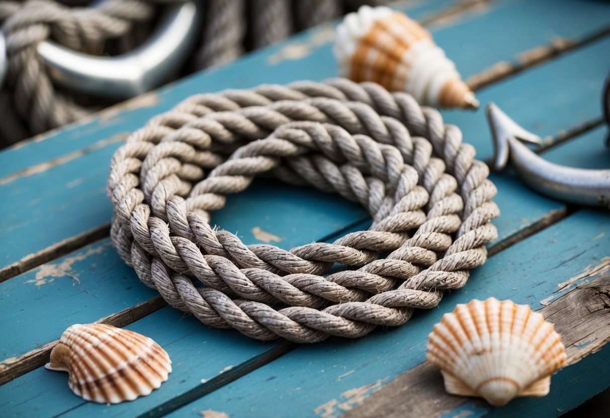 A coiled rope chain lies on a weathered wooden surface, surrounded by nautical elements like anchors and seashells. The chain is intricately woven and shows signs of wear and age