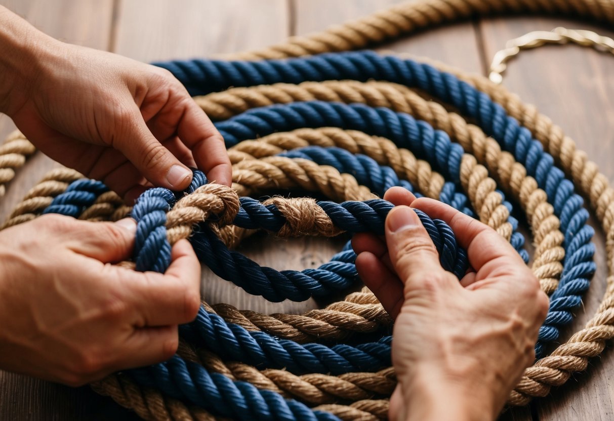 A coiled rope chain being woven and knotted by skilled hands