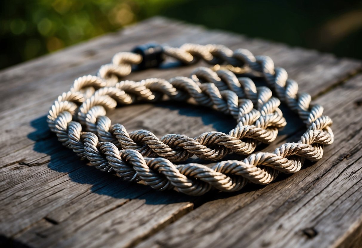 A rope chain lies coiled on a rustic wooden surface, catching the light with its intricate links and textured surface