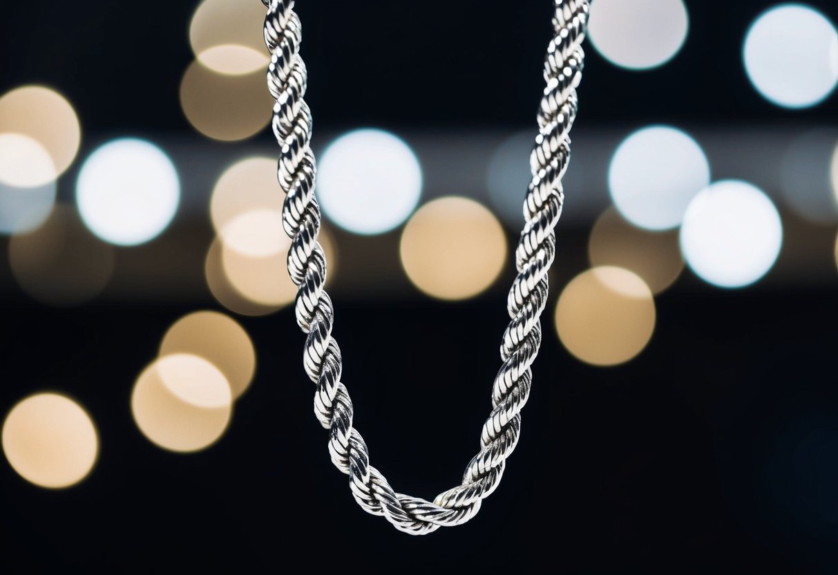 A sparkling rope chain dangles against a dark background, catching the light and creating a sense of movement and elegance