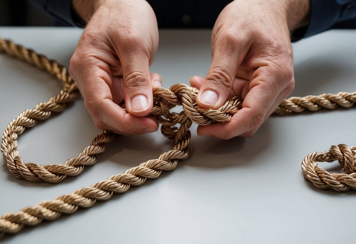 A pair of hands carefully untangles a delicate rope chain, gently smoothing out any kinks and ensuring each link is perfectly aligned